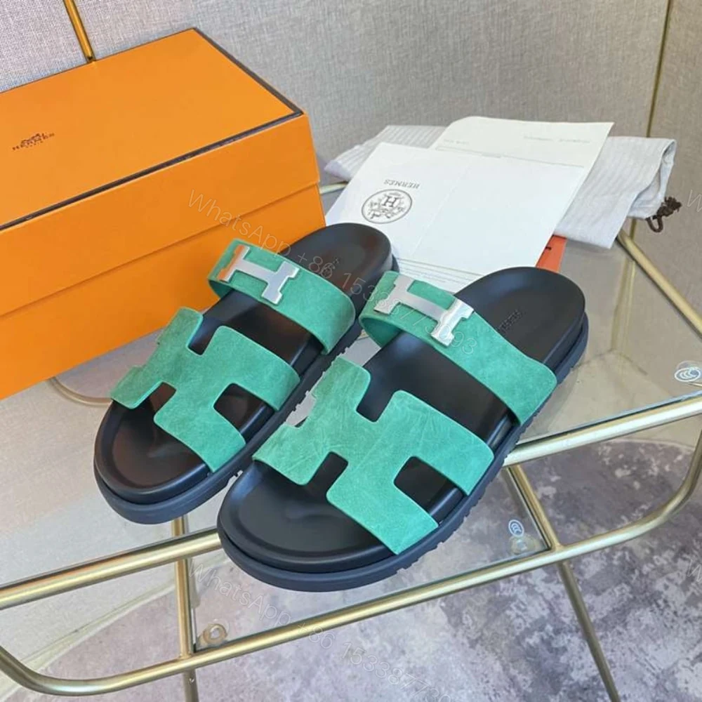 View 4 of Hermes Chypre Sandal Suede H Logo Silver Hardware Green