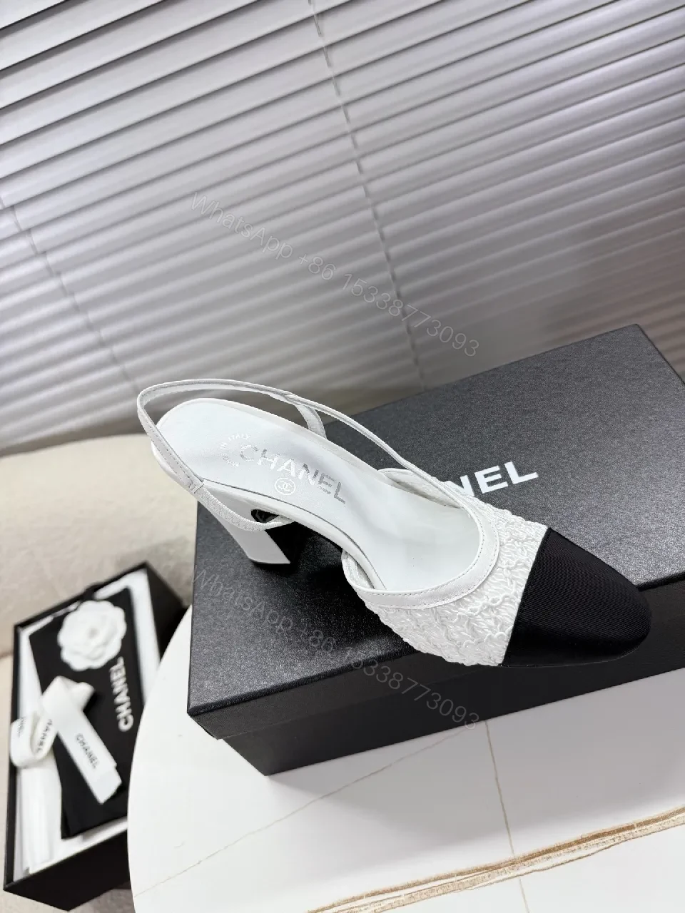 View 3 of Textured Slingback Pumps: Black-Toe, White Fabric, Luxe Comfort