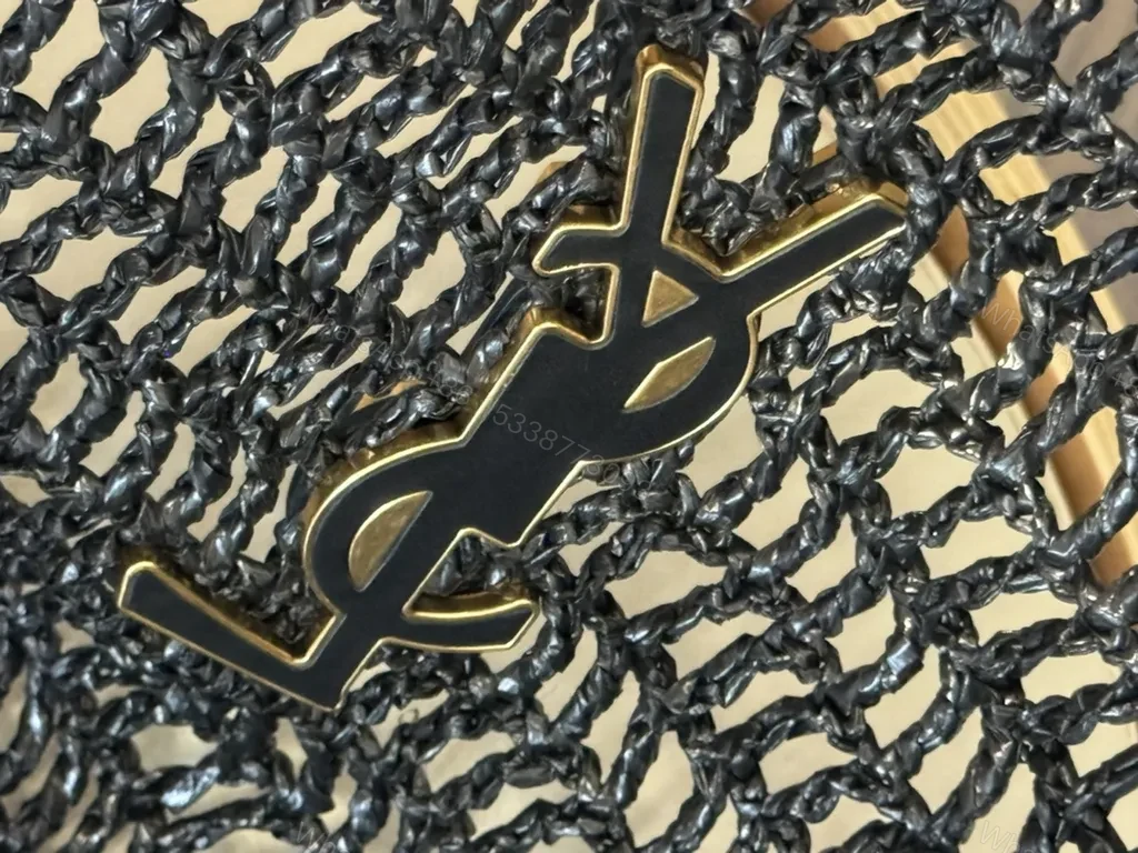 View 7 of Textured Crochet Shoulder Bag with Gold YSL Logo, Luxury Style