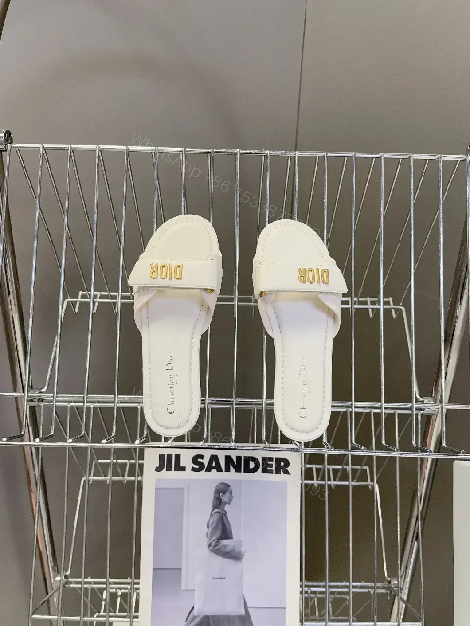 View 3 of White Leather Sandals: Luxe Minimalist Dior-Logo Strap Sandals