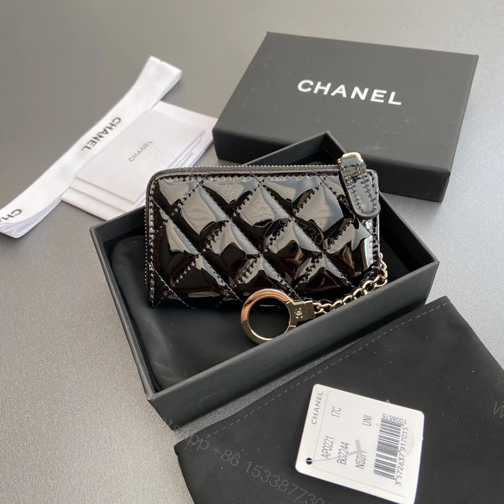View 2 of 高仿Chanel*AP0221零錢包黑色漆皮金扣免檢版
