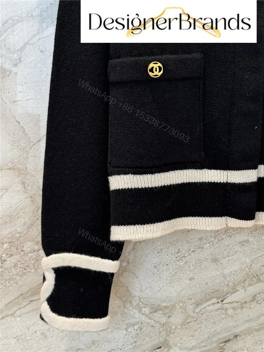 View 11 of Black Knit Cardigan with Piping & Gold Accents