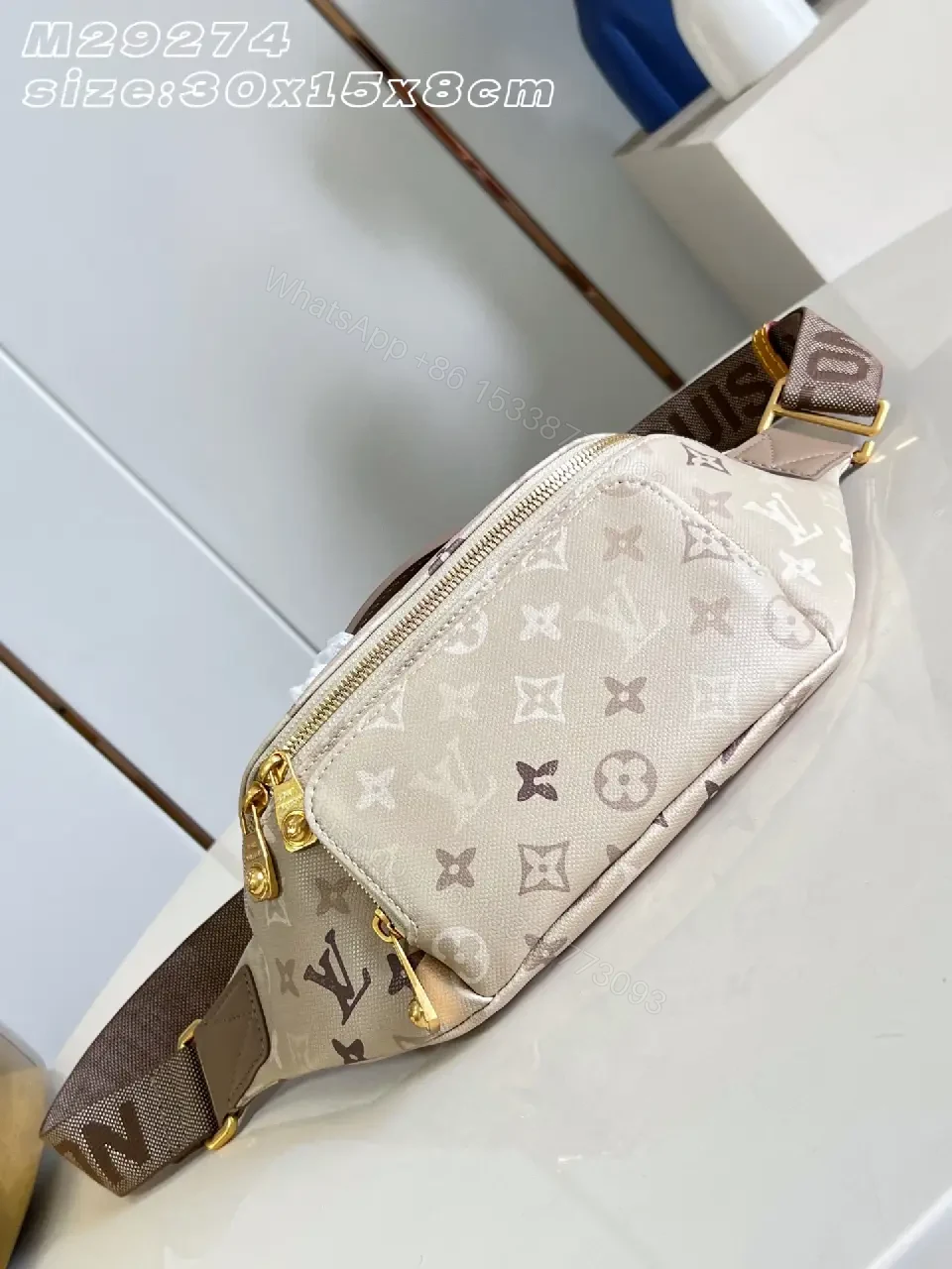 View 2 of Beige Canvas LV-Pattern Crossbody Bag with Gold Zippers