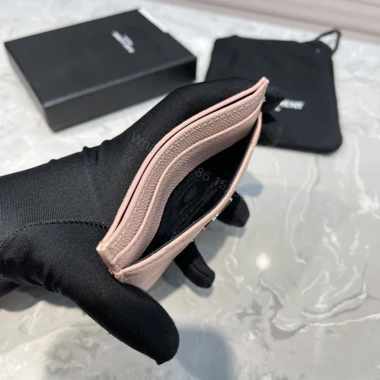 View 5 of Pink Chevron-Quilt Card Holder with YSL Logo, Calfskin Leather