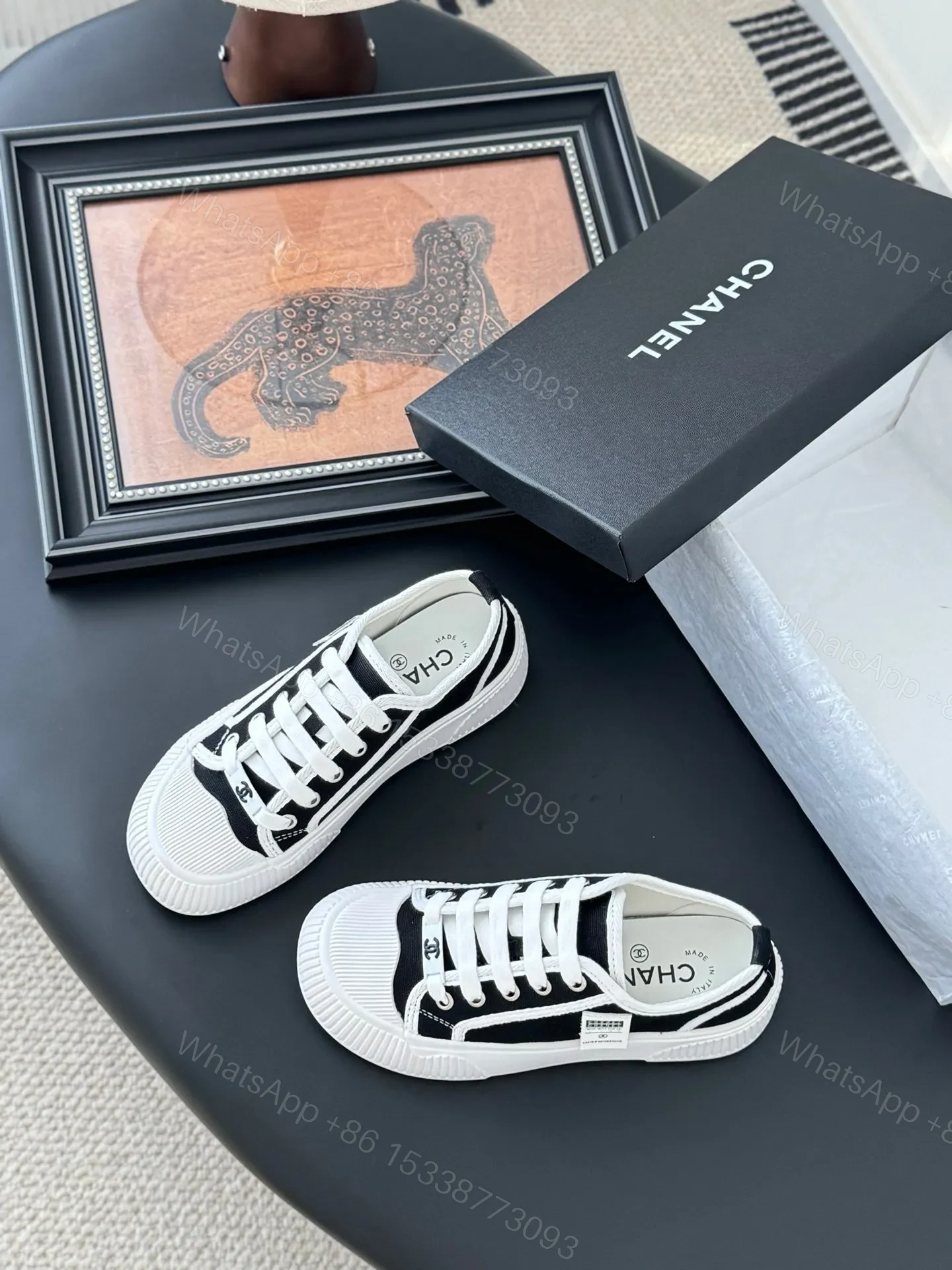 View 6 of Chanel Women Black Canvas White Trim Sneakers