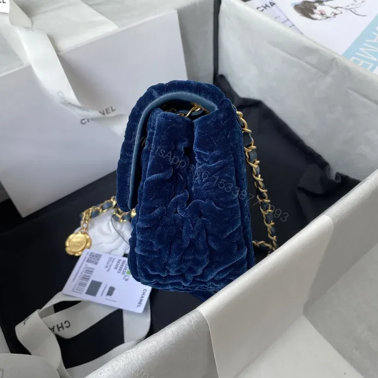 View 7 of Velvet Chanel-Inspired Flap Bag: Luxe, Navy, Gold