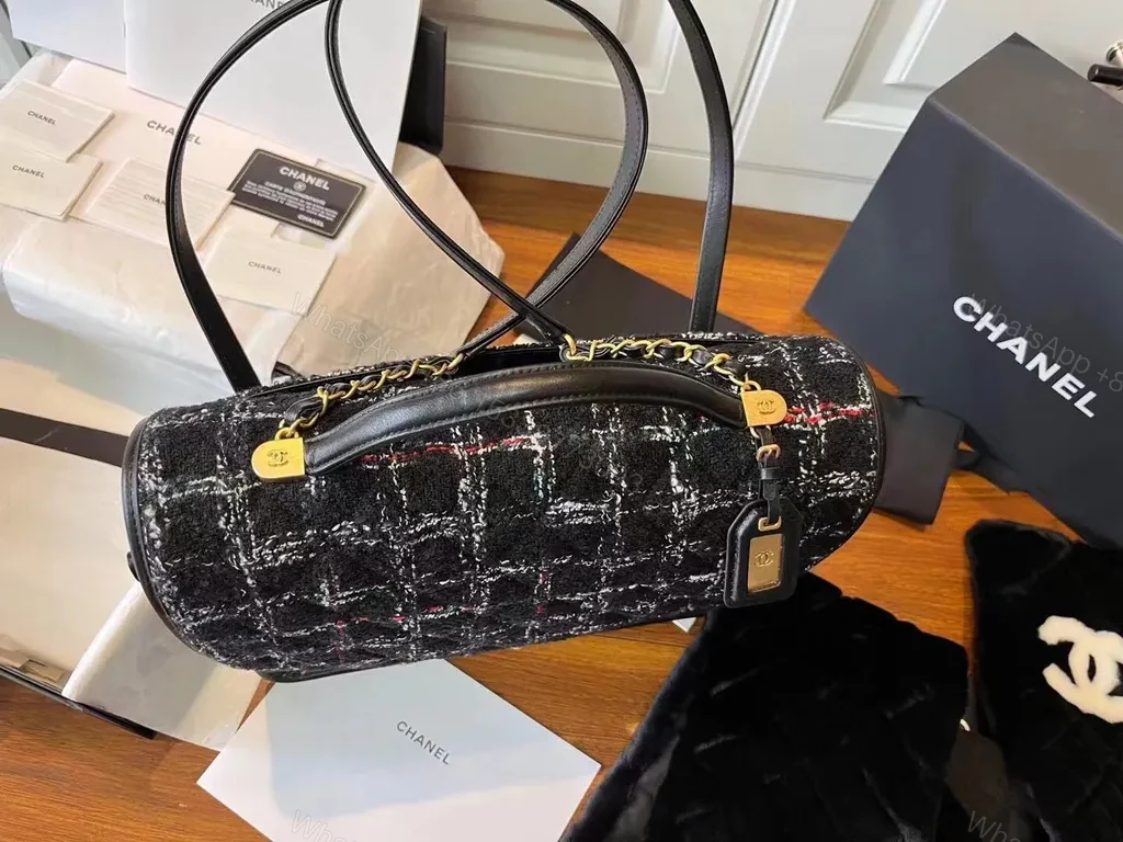 View 8 of Chic Tweed Satchel with Gold CC Hardware - Luxe Satchel