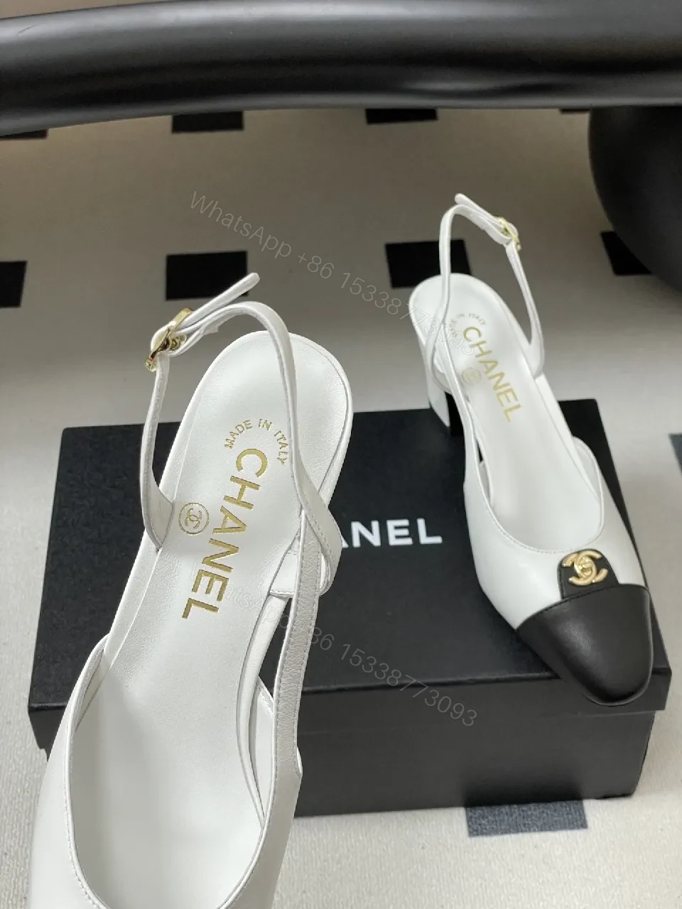 View 3 of Two-Tone Slingback Heels with Gold Logo Accent