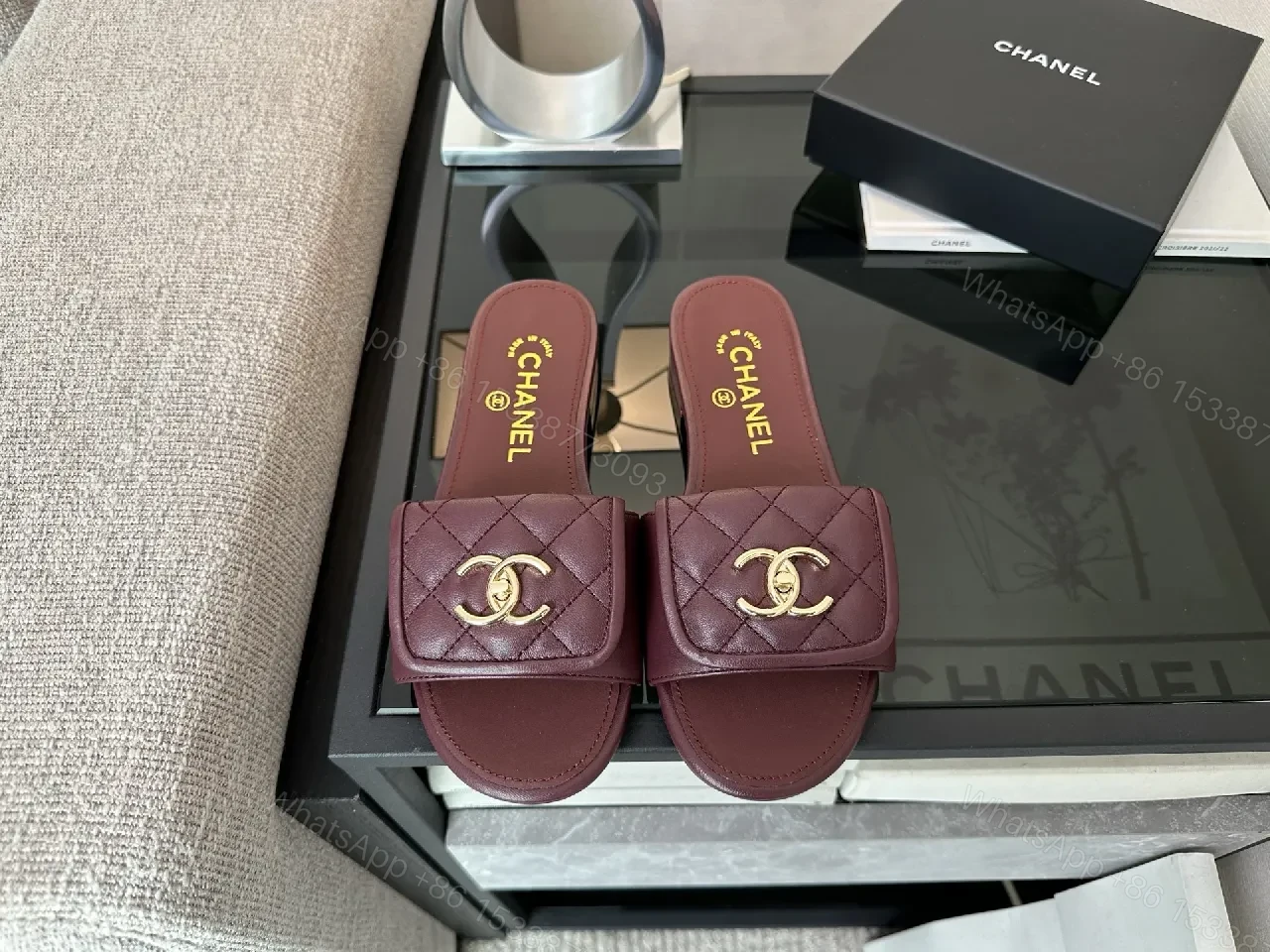 View 9 of Rich Burgundy Quilted Slip-Ons with Gold Emblem