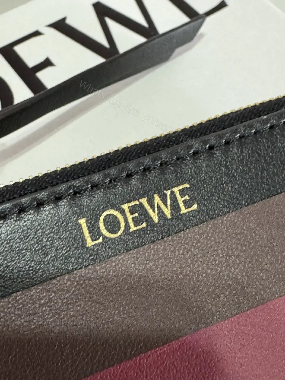 View 3 of Black Leather Color-Block Card Wallet with Gold Zipper and LOEWE Logo