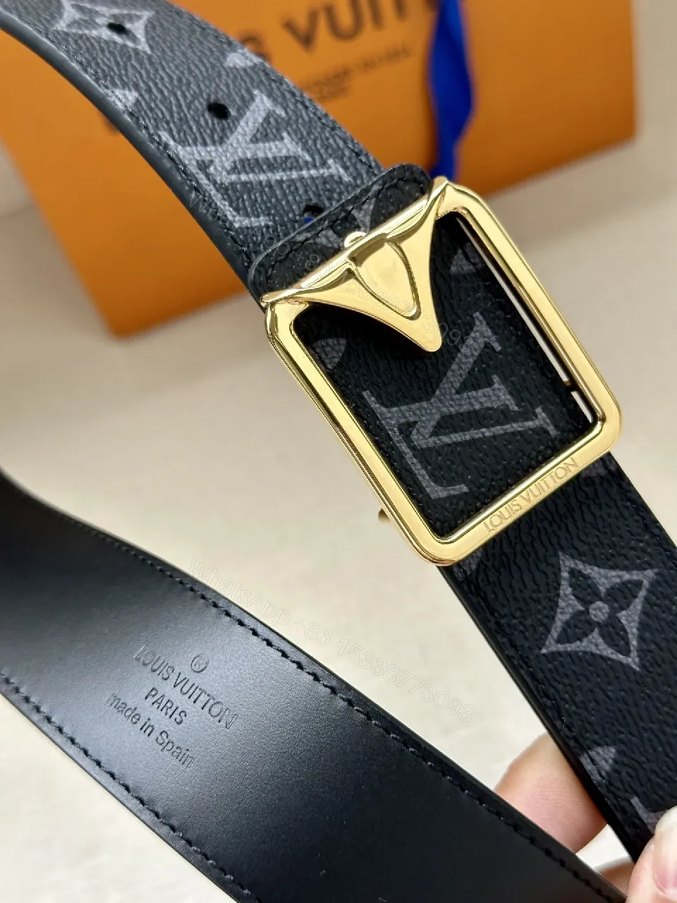 View 3 of Monogram Belt: Modern Luxury Black Leather Style, Gold Buckle
