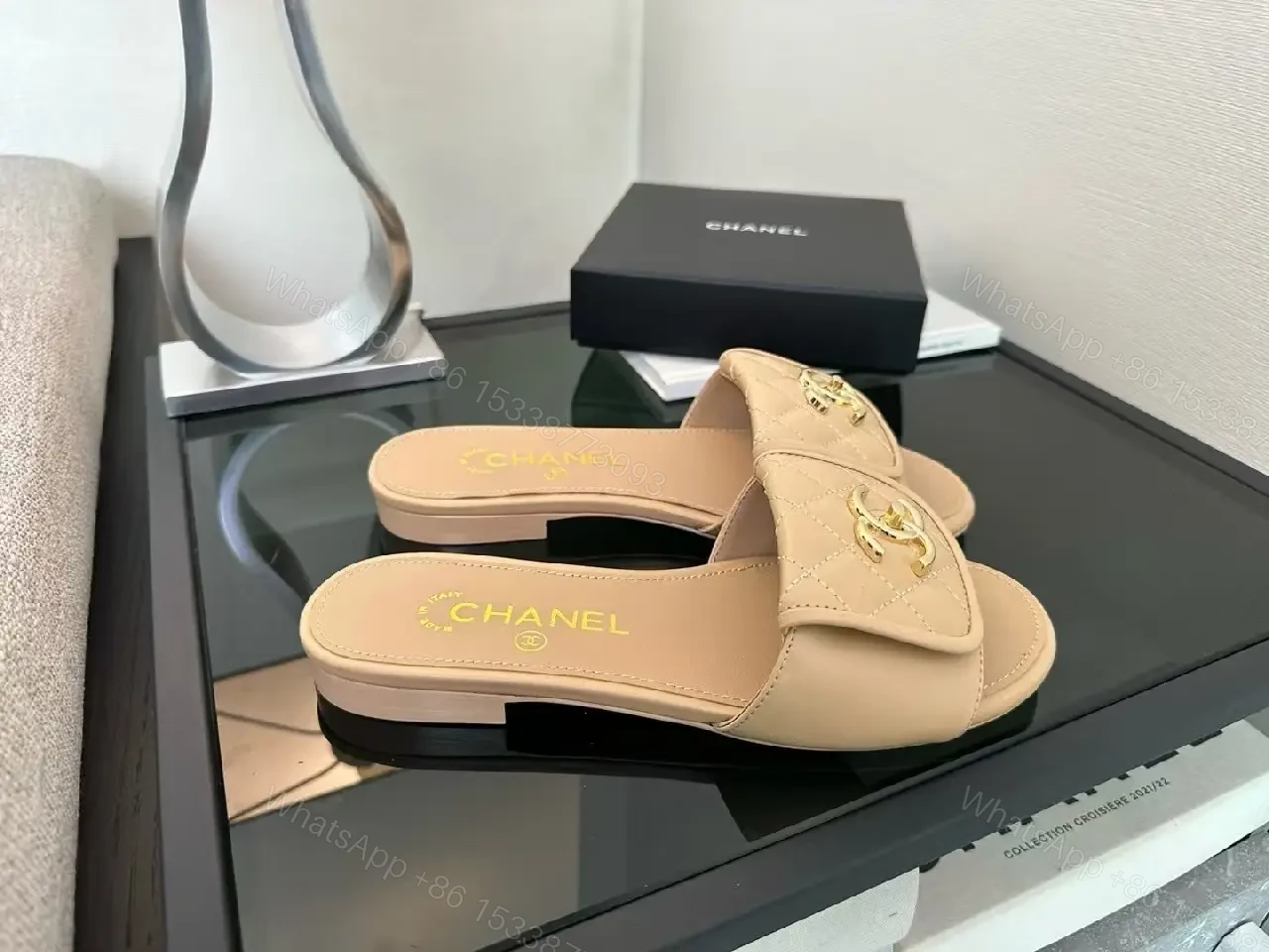 View 3 of Quilted Leather Slide Sandals with Gold Hardware - Luxury Comfort