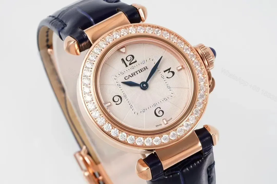 View 7 of GS Factory Cartier Pasha de Cartier Women’s Watch, 30mm Rose Gold Case with Diamond Bezel, Blue Leather Strap, Quick Change Feature