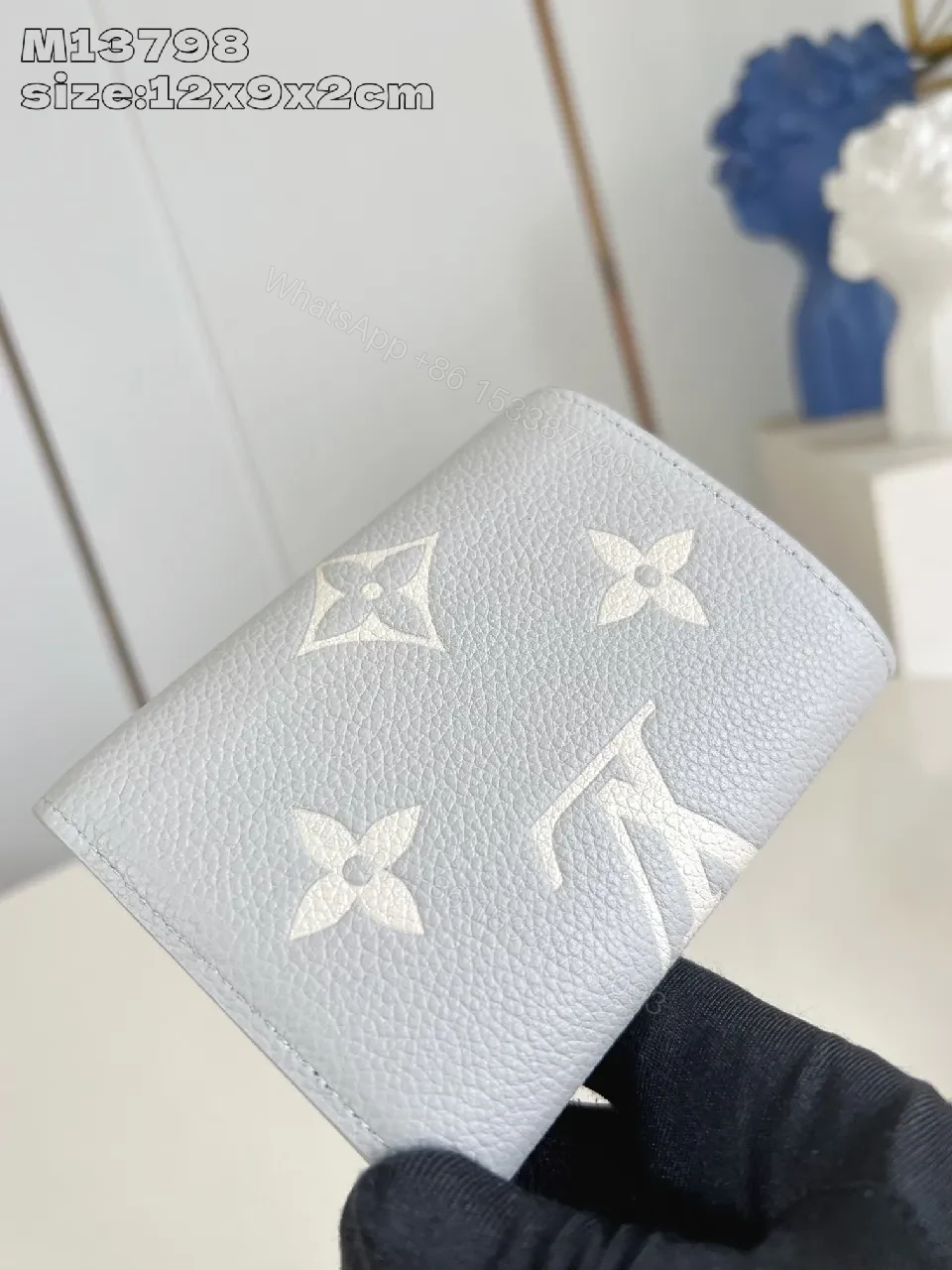 View 3 of Gray Leather Compact Monogram Wallet with Signature Motif
