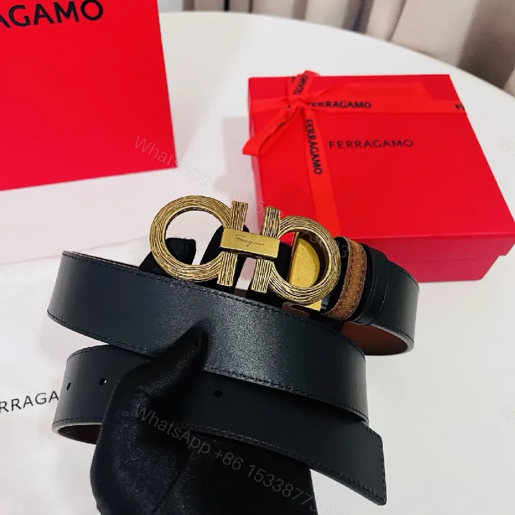 View 9 of Brown Leather Belt Distressed Matte Double-GC Buckle Ferragamo Logo Belt