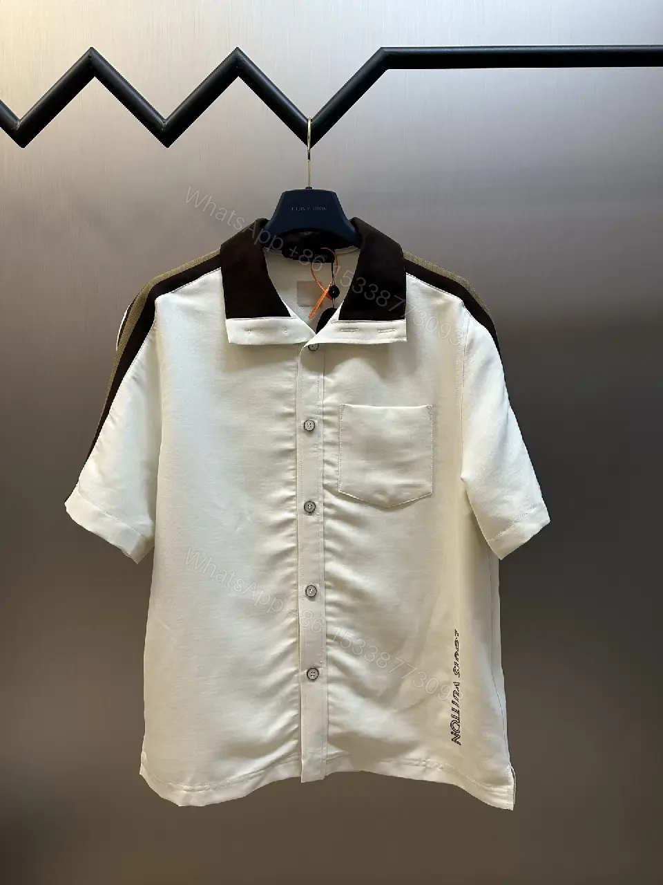 View 4 of Off-White/ Brown Collar Polo Shirt with Color Block Panels