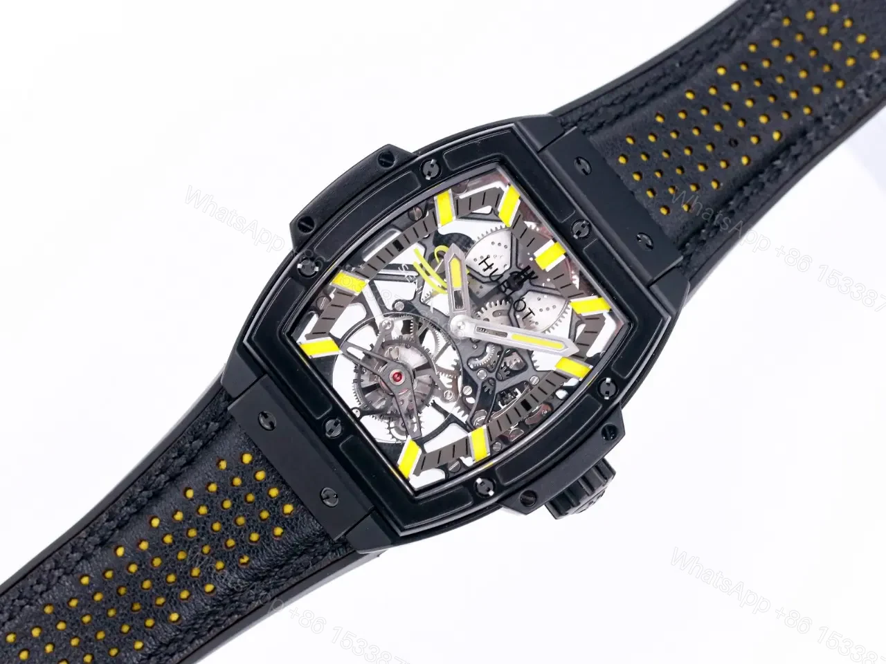 View 2 of Hublot Masterpiece 906 Black and Yellow Skeleton Tourbillon Watch with 18K Rose Gold/Platinum Plated Case and Leather/Rubber Strap