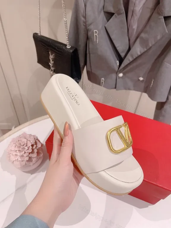 View 5 of Valentino-Style White Leather Slides with Gold Logo Buckle
