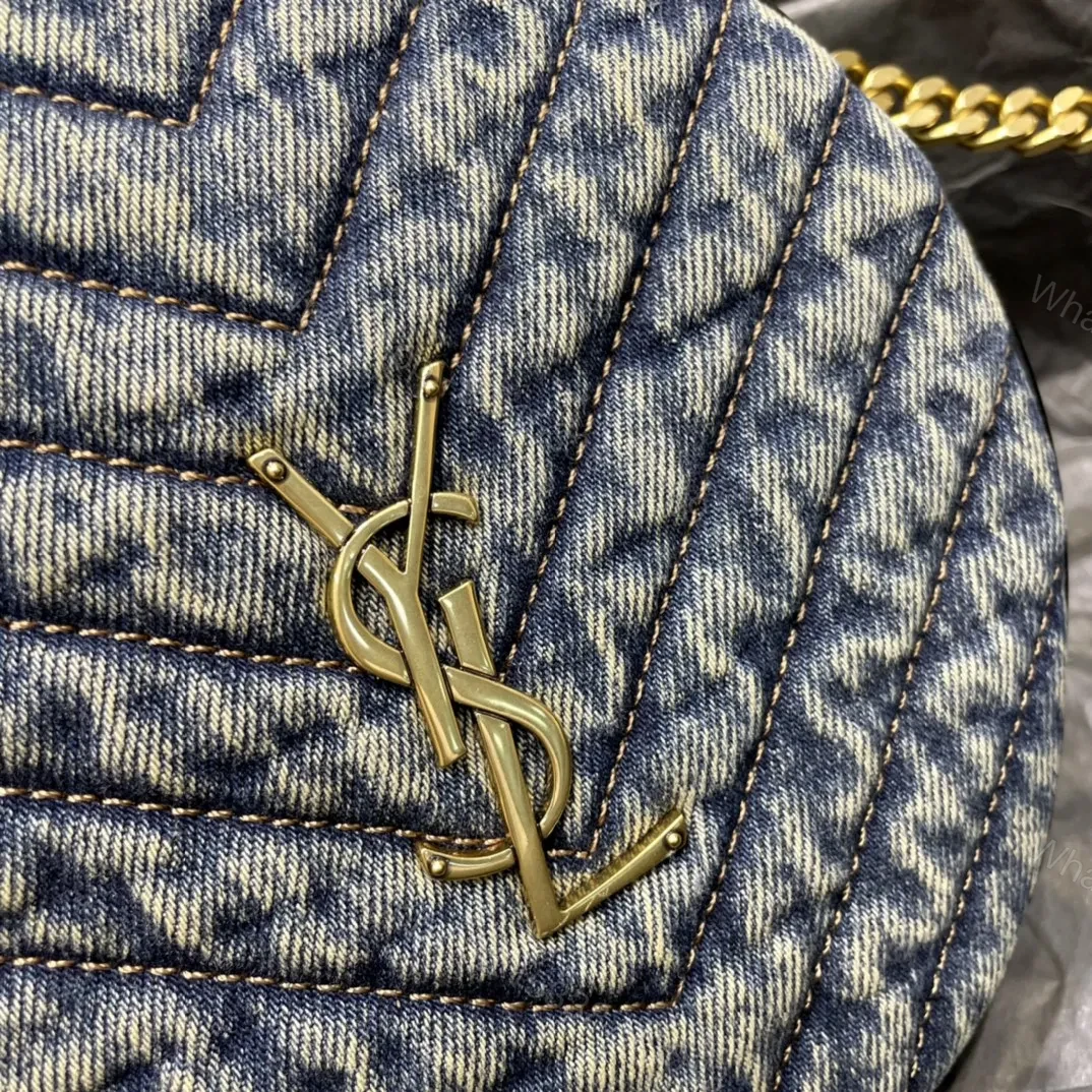 View 5 of Saint Laurent YSL Women Vinyle Round Camera Bag in Chevron-Quilted Denim and Suede