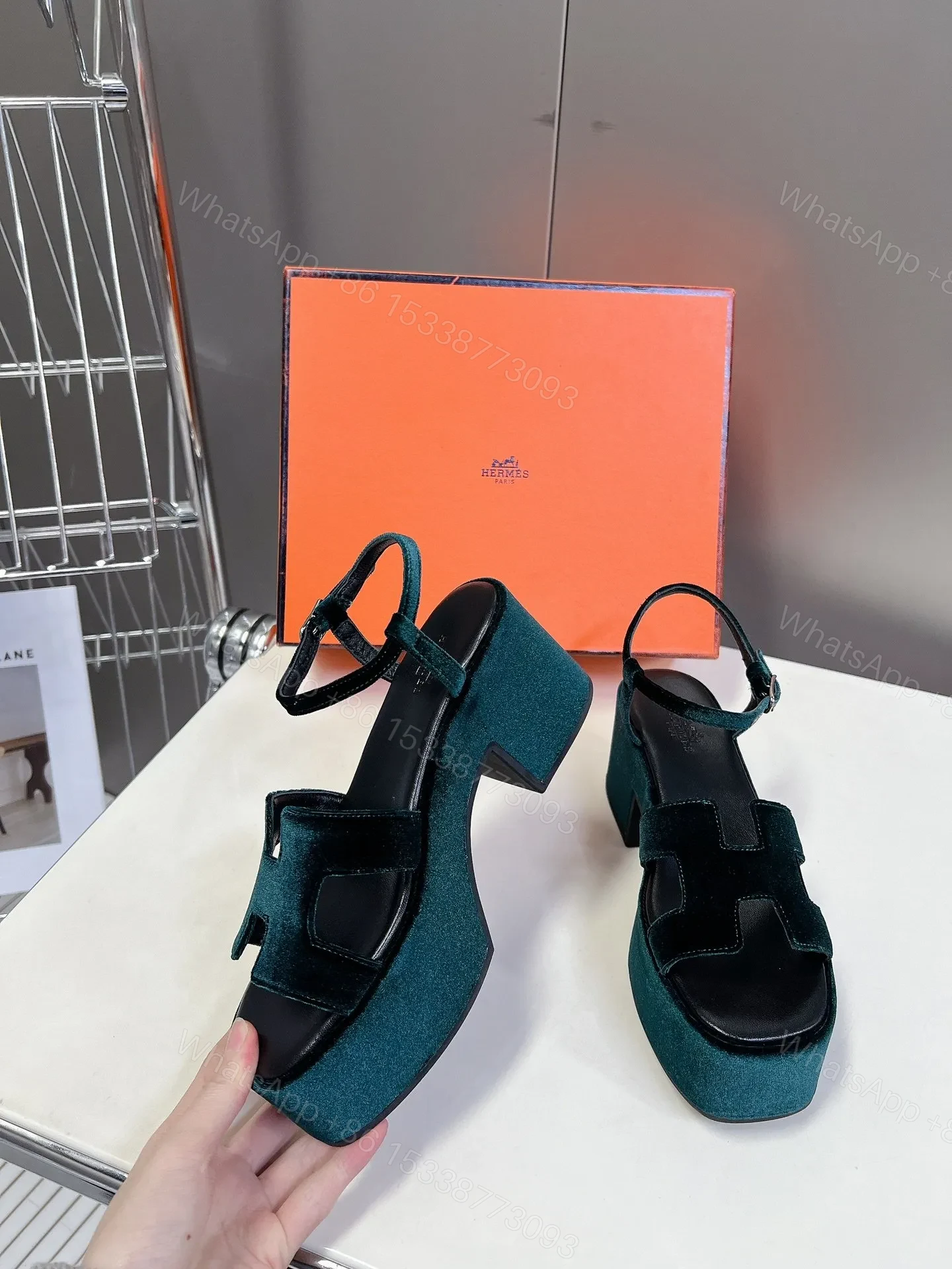 View 5 of Hermes Women Dark Green Velvet Sandals