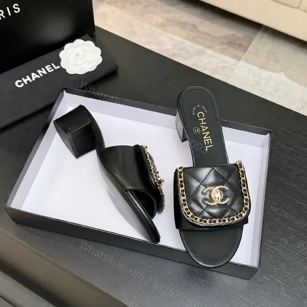 Black Calfskin Mules with Gold Chain Link Accent - Open-Toe Block Heel — view 1
