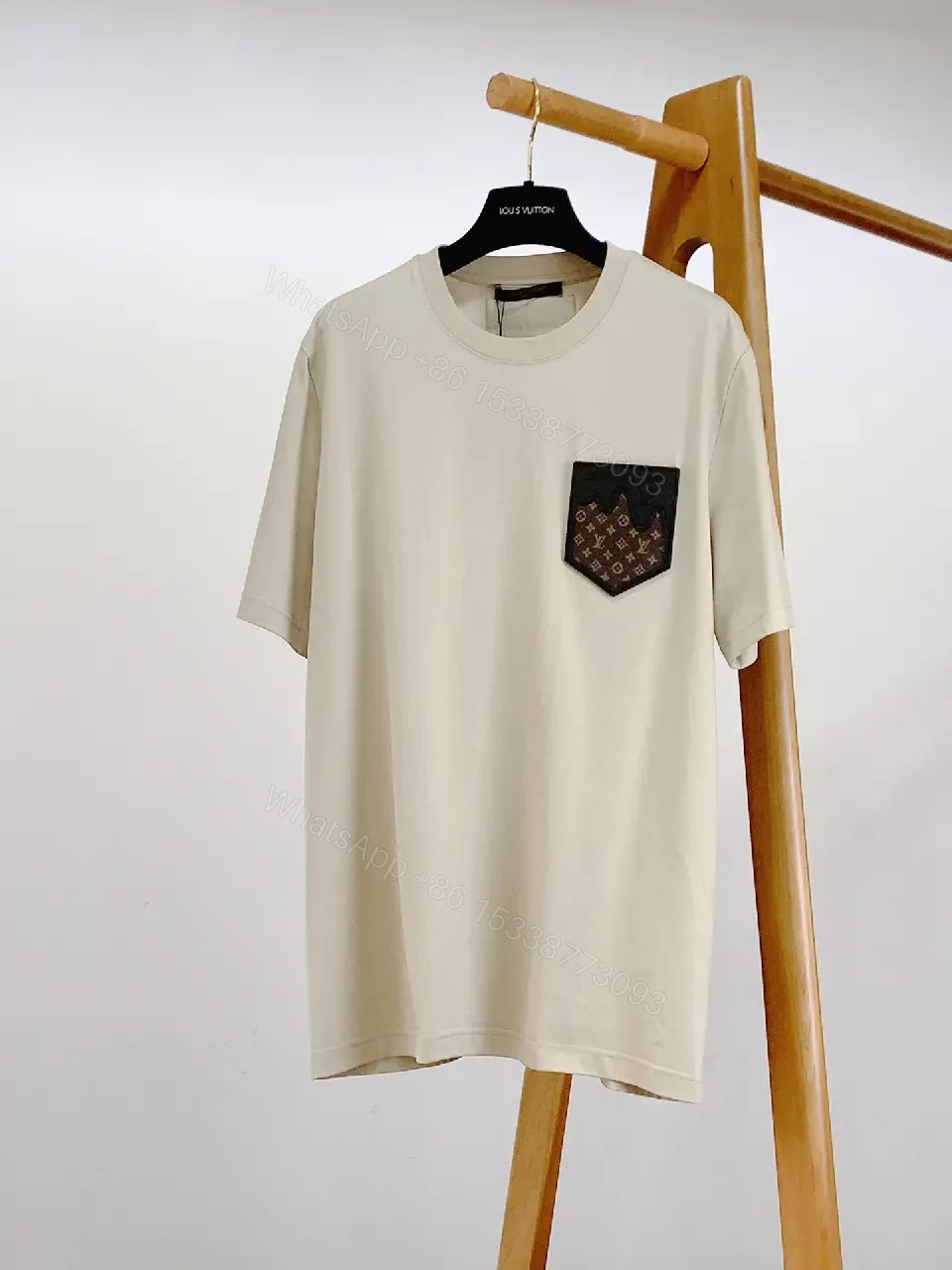 View 8 of Beige Cotton Tee with LV Monogram Pocket, Crew Neck