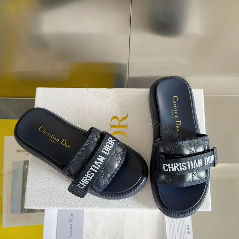 View 2 of Navy Quilted Brand-Accent Sandals | Luxe Streetwear Slides