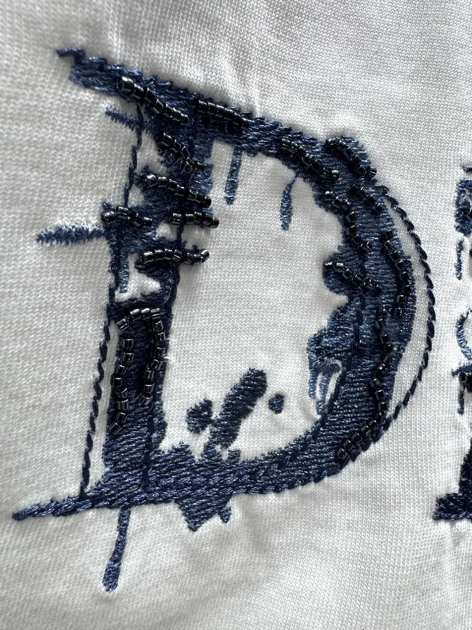 View 4 of White + Cotton Blend + Graphic Tee + Subtle Dior-Inspired Logo + T-Shirt