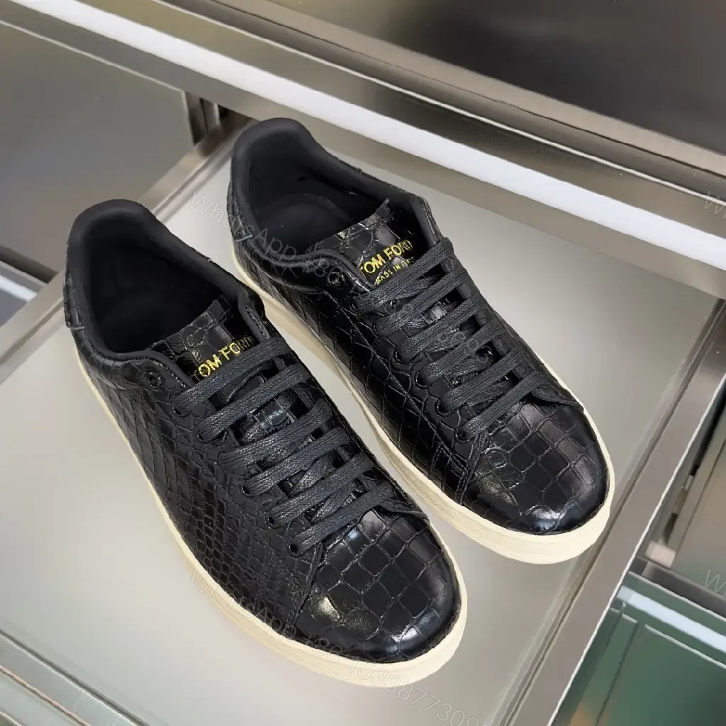 View 3 of Croc-Textured Leather Sneakers – Black & Cream, Luxury Casual