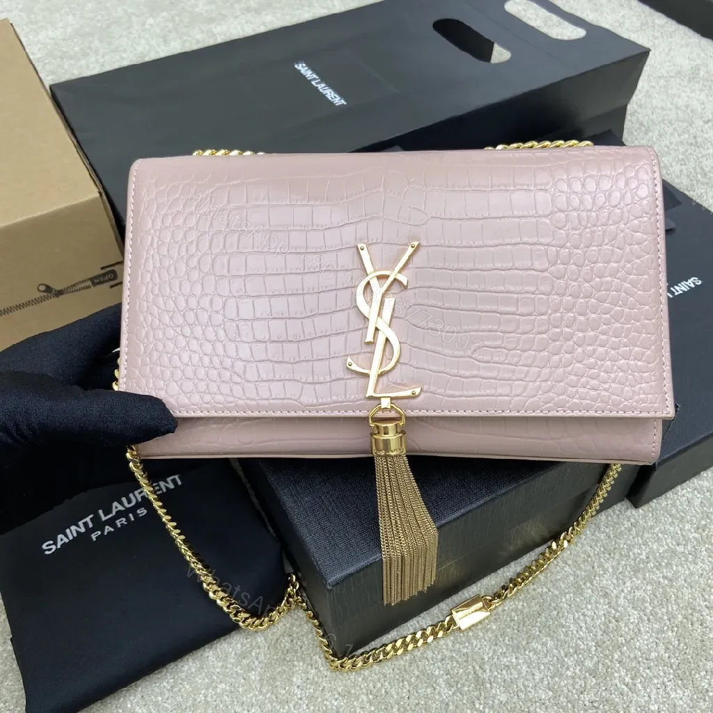 Soft Pink Croc Leather Clutch with Gold Hardware — view 1