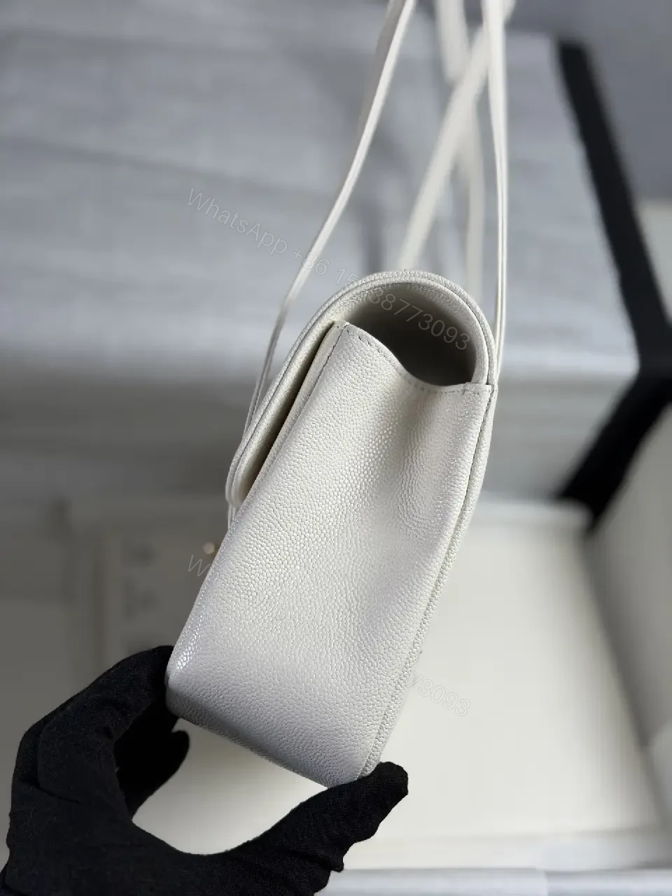 View 6 of Minimalist White Pebble Leather Shoulder Bag with Gold Hardware