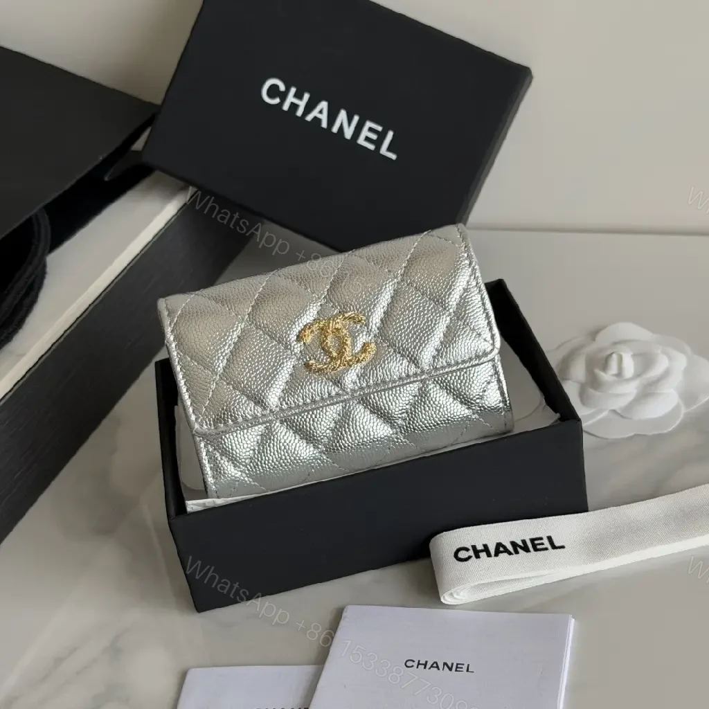 View 9 of Metallic Silver Leather Quilted Flap Wallet, Compact Bi-fold with Gold CC Logo