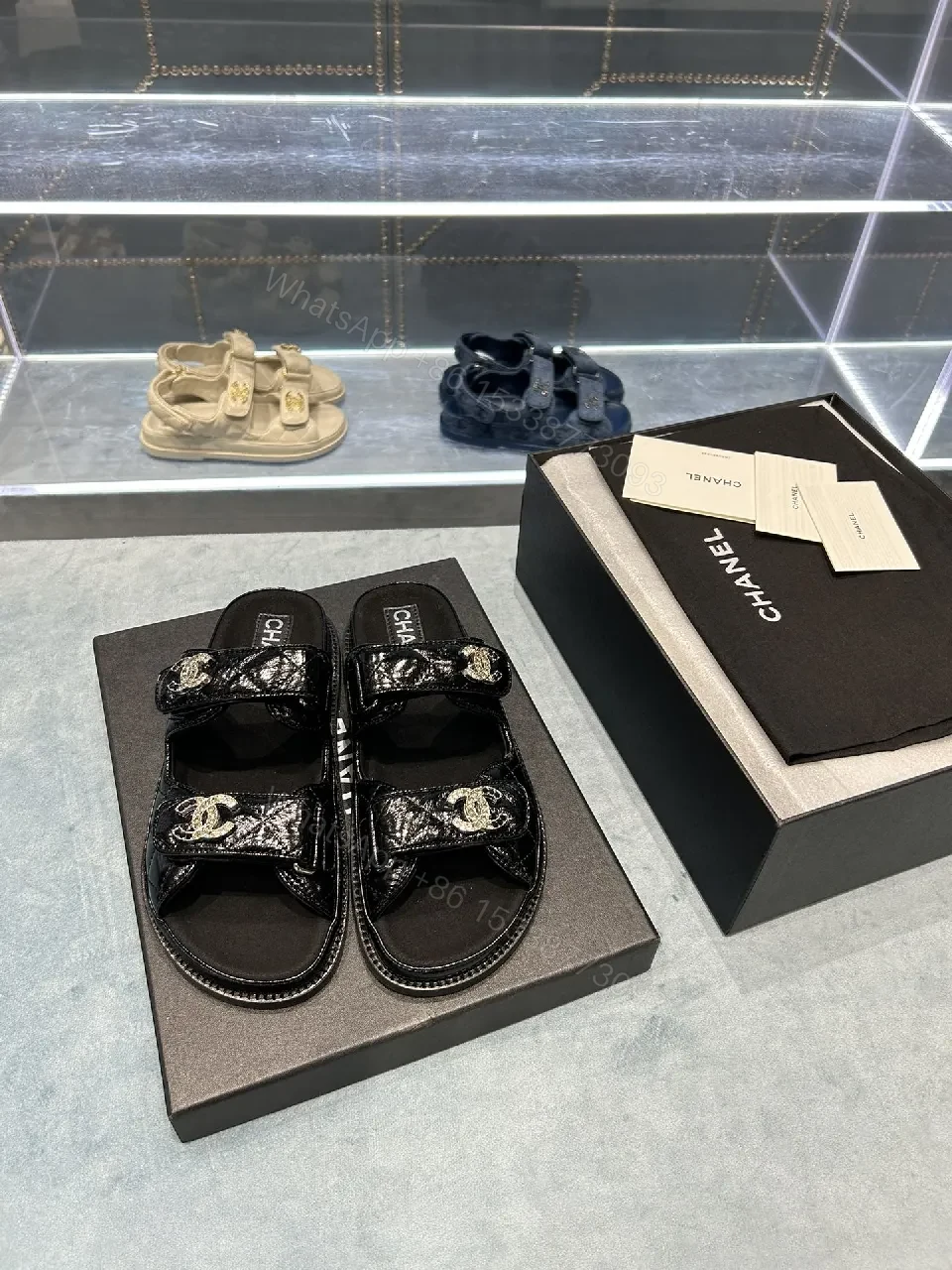 View 4 of Black Crystal-Accent Sandals with Comfort Footbed, Patent Straps, Versatile Style