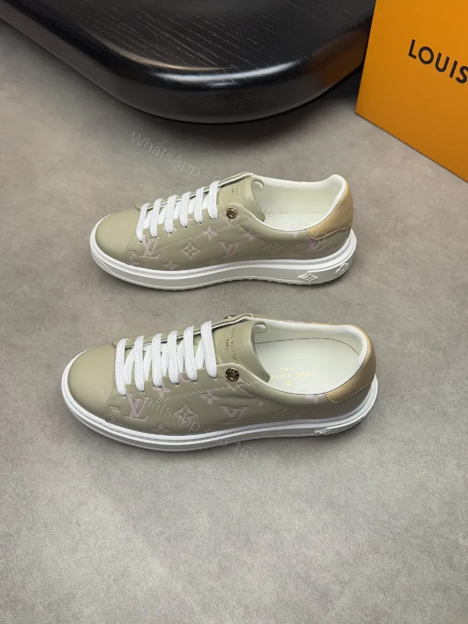 View 6 of Taupe Monogram-Accent Low-Top Sneakers with Subtle Shine