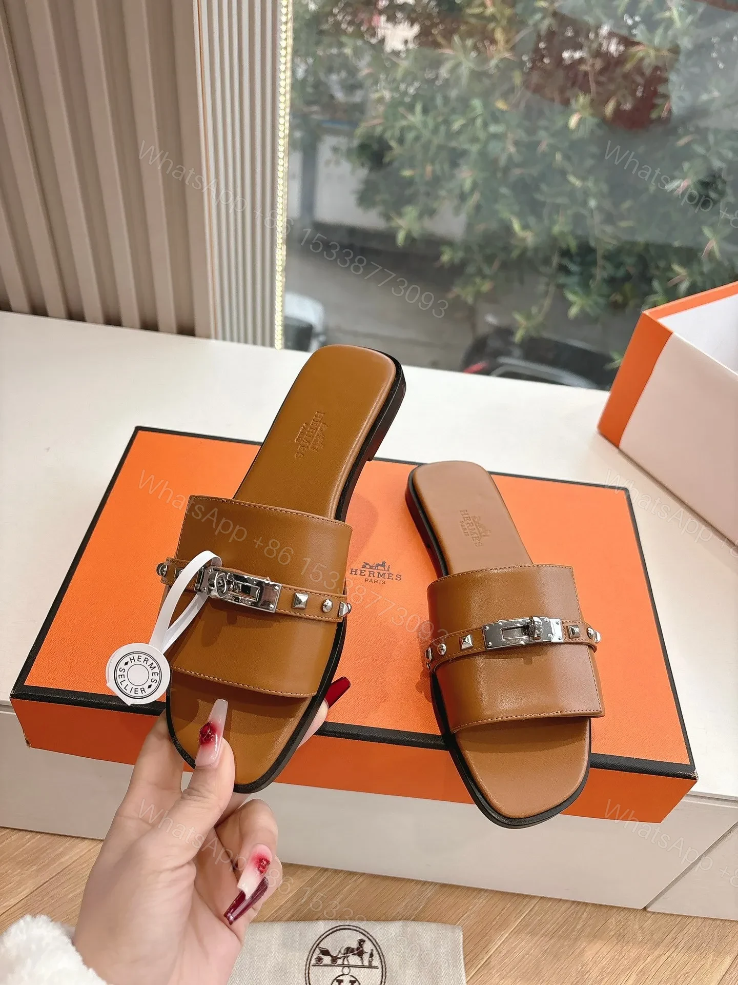 View 6 of Hermes Women Brown Leather Slide Sandals