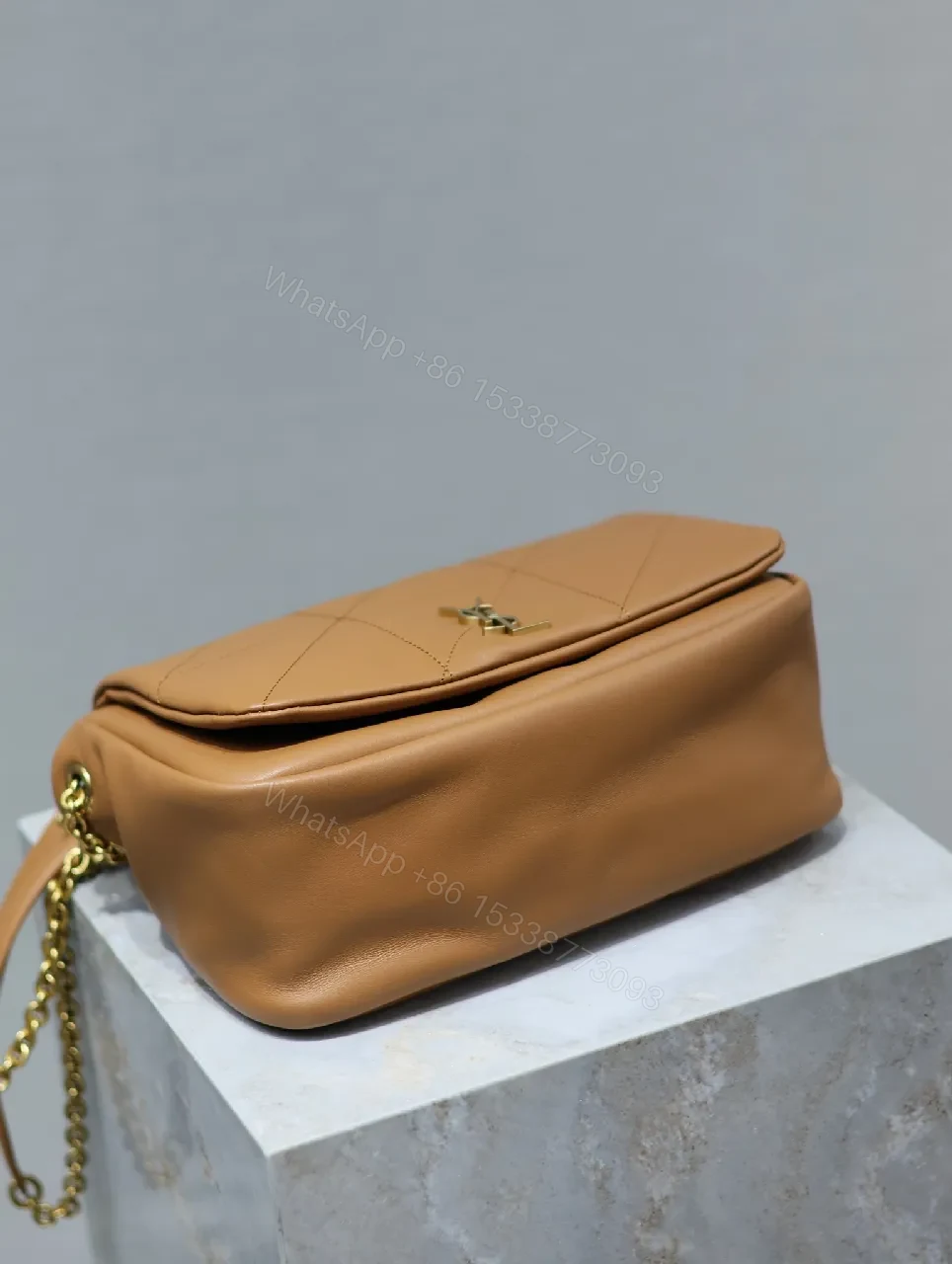 View 2 of Quilted Leather Camel Shoulder Bag with Gold Hardware