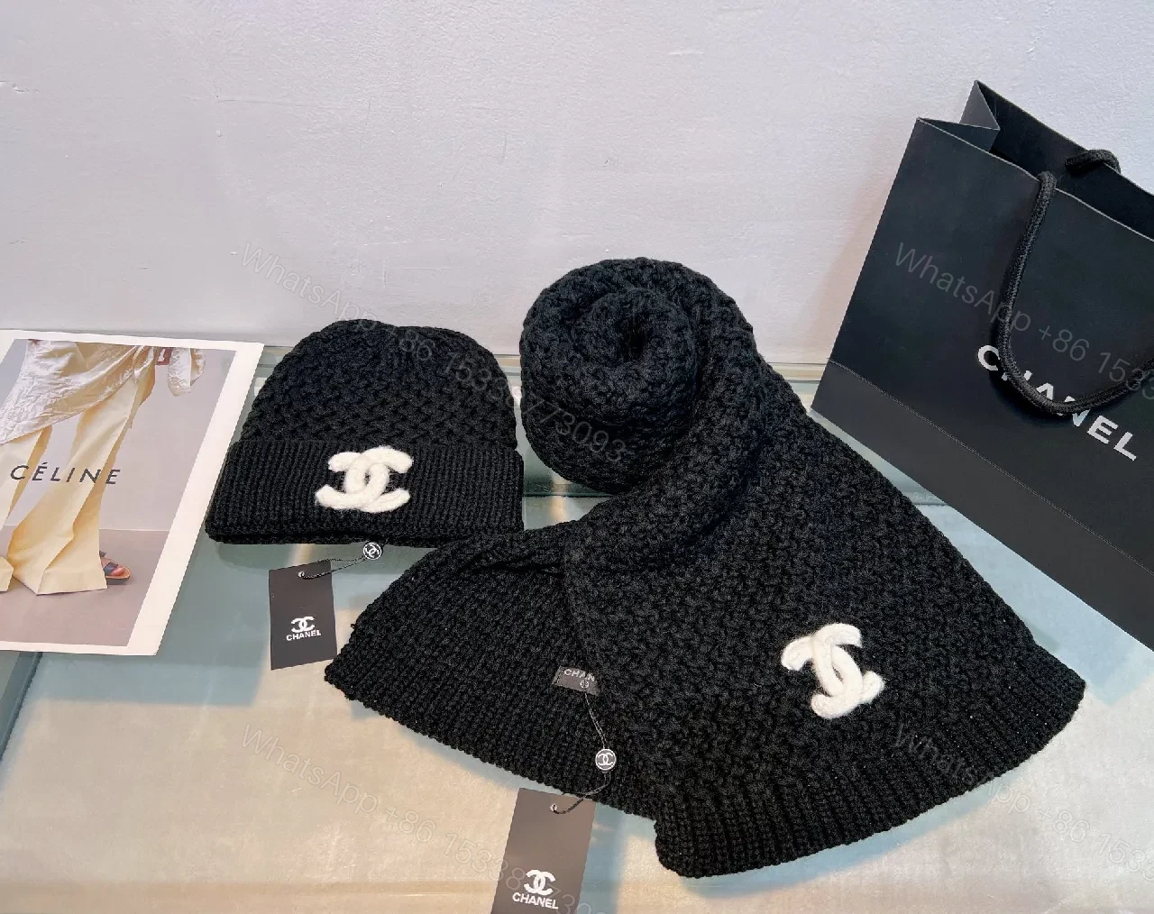 View 9 of Black Ivory Knit Set: Luxe Scarf & Beanie with Logo Clasp