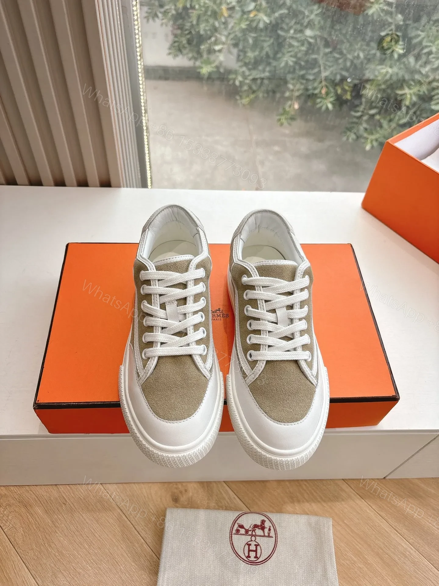View 5 of Hermes Women Beige Suede White Leather Sneakers