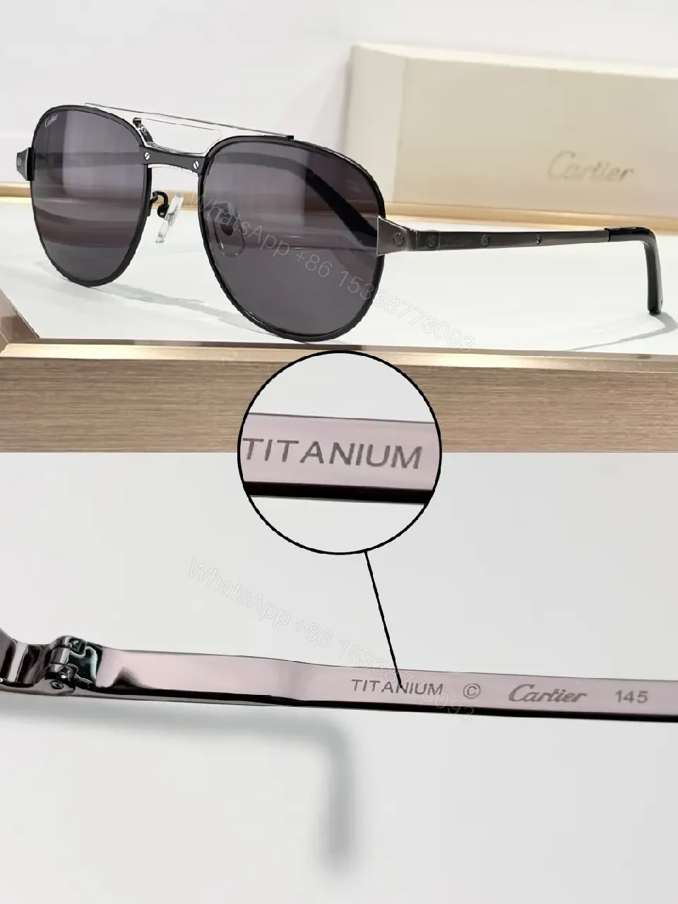 View 3 of Titanium Frame Sunglasses: Luxury Navy Glasses, Subtle Cartier Detail
