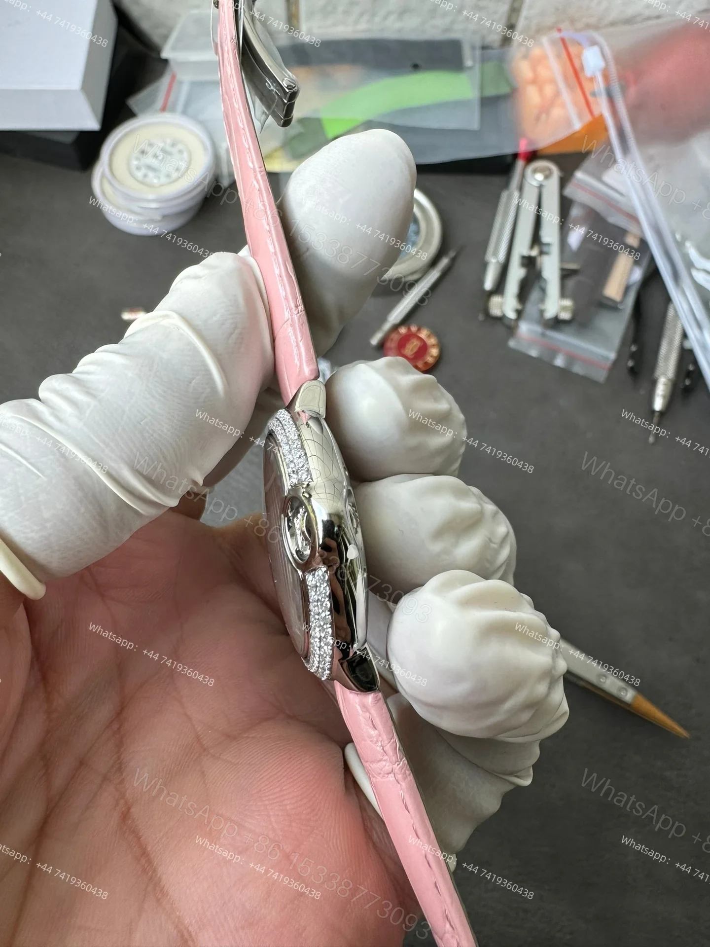 View 9 of Cartier Super Clone Ballon Bleu Diamond Bezel 33MM Pink Leather Strap