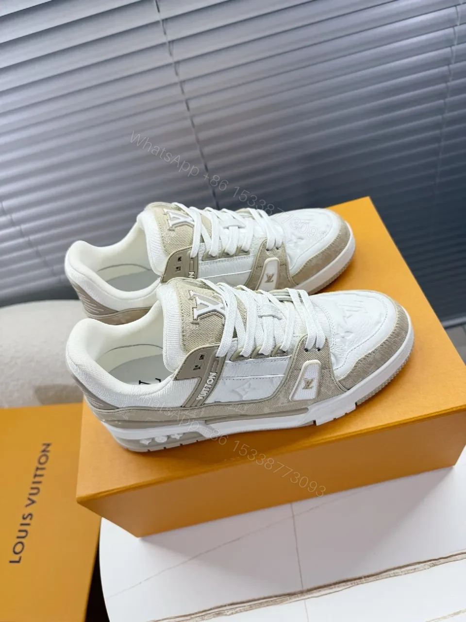 View 6 of White Quilted Leather High-Tops with Beige Suede Overlays