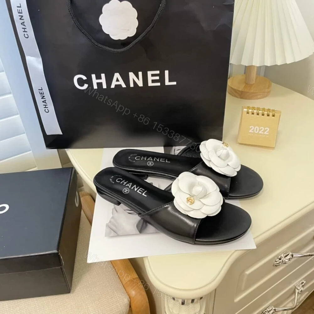 View 4 of Chanel White Camellia Slides Black