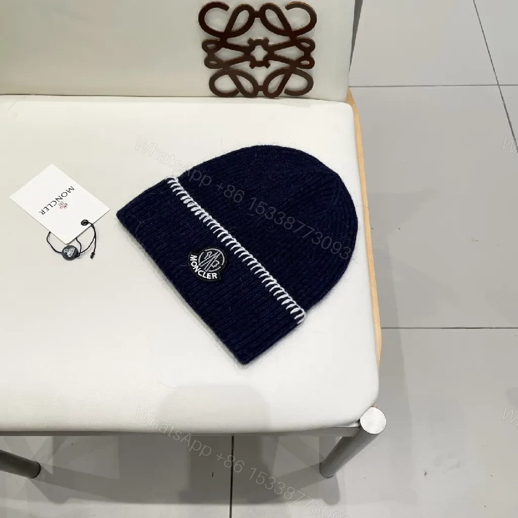 View 6 of Navy Knit Beanie with Contrast Stitch, Fold-Over Cuff