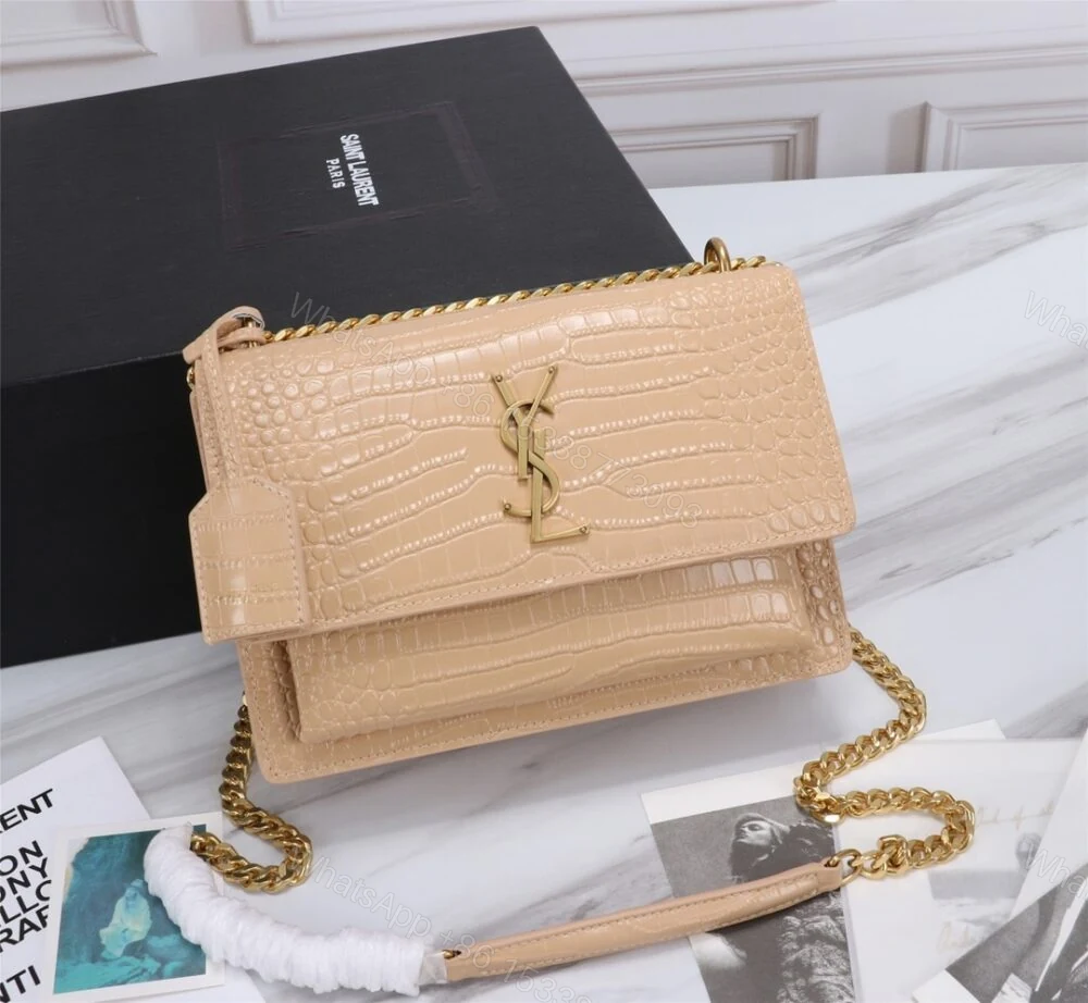 View 2 of Saint Laurent Sunset Medium Chain Bag In Crocodile-Embossed Shiny Apricot 22Cm 442906DND0N9207