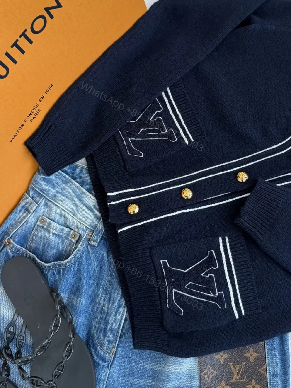 View 6 of Navy Knit Cardigan with White Trim and LV Piping
