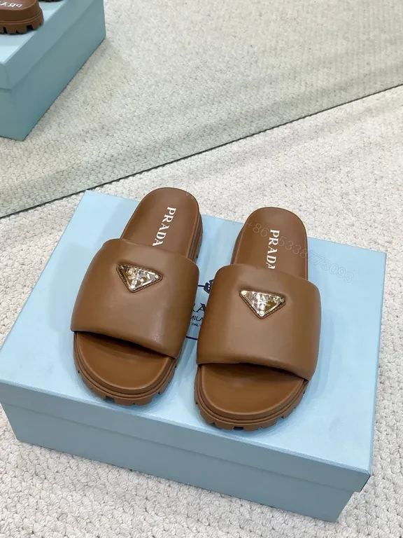 Brown Leather Prada-Trim Slide Sandals with Modern Edge — view 1