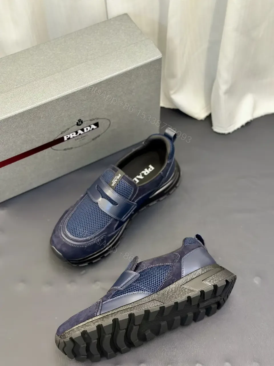View 8 of Blue Mesh Slip-On Prada-Style Sneaker with Hook-and-loop Strap