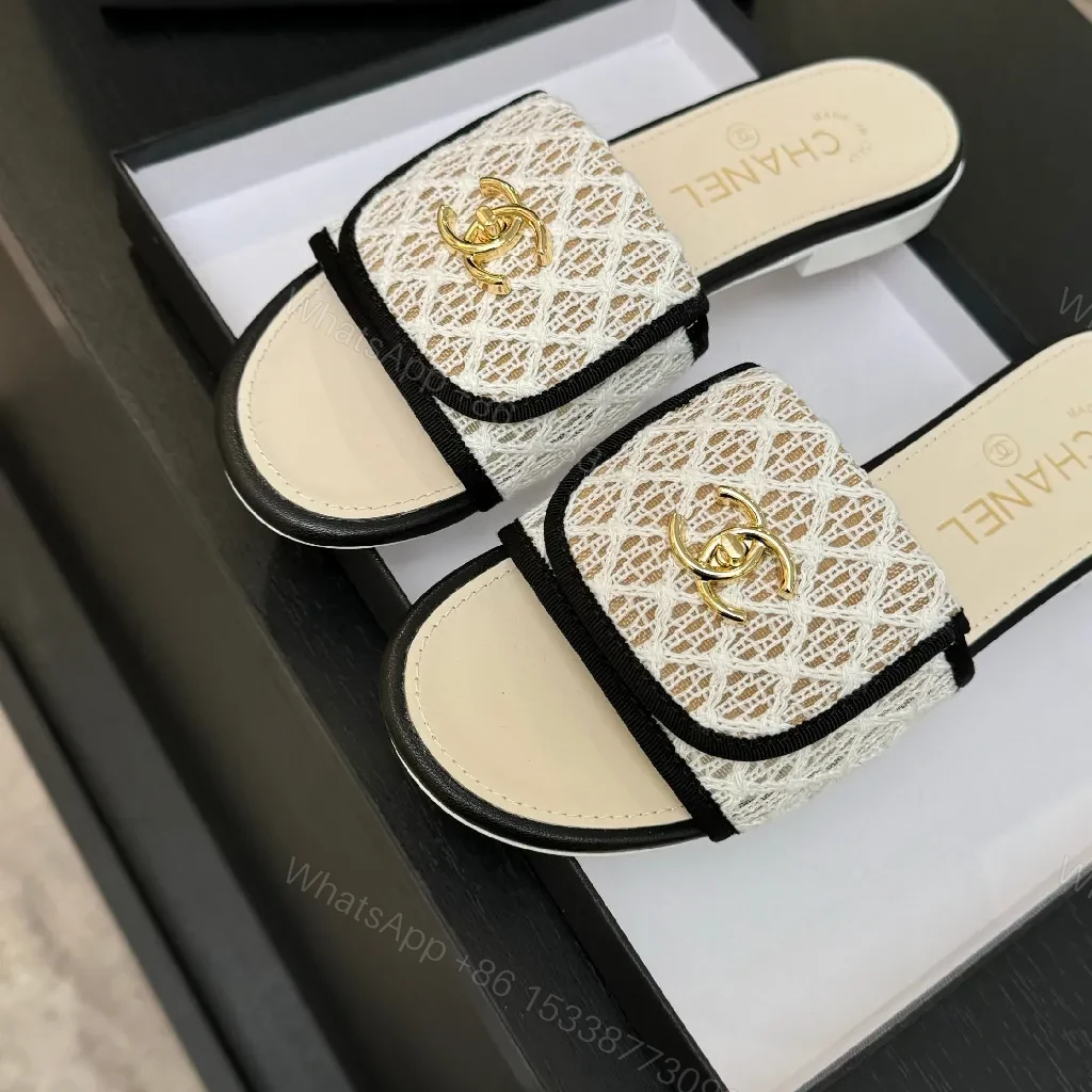 View 6 of Lace-Textured Slide Sandals with Gold Emblem, Open-Toe, Luxury Style