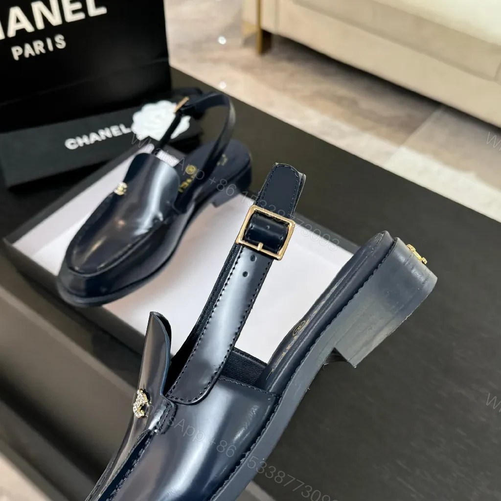View 4 of Navy Patent Slingback Loafers: Luxe Monogram Detail