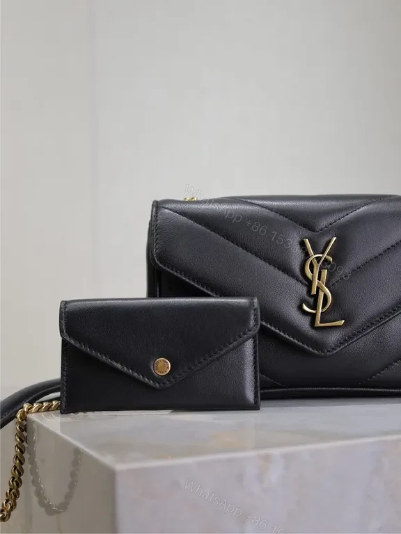 View 9 of Black Leather Envelope Bag with Gold YSL Logo, Structured Style